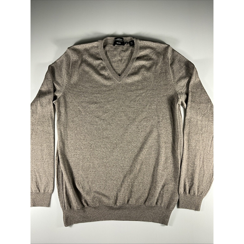Hugo Boss Slim Fit Extra Fine Merino Wool V-Neck Sweater Gray Men's Medium M